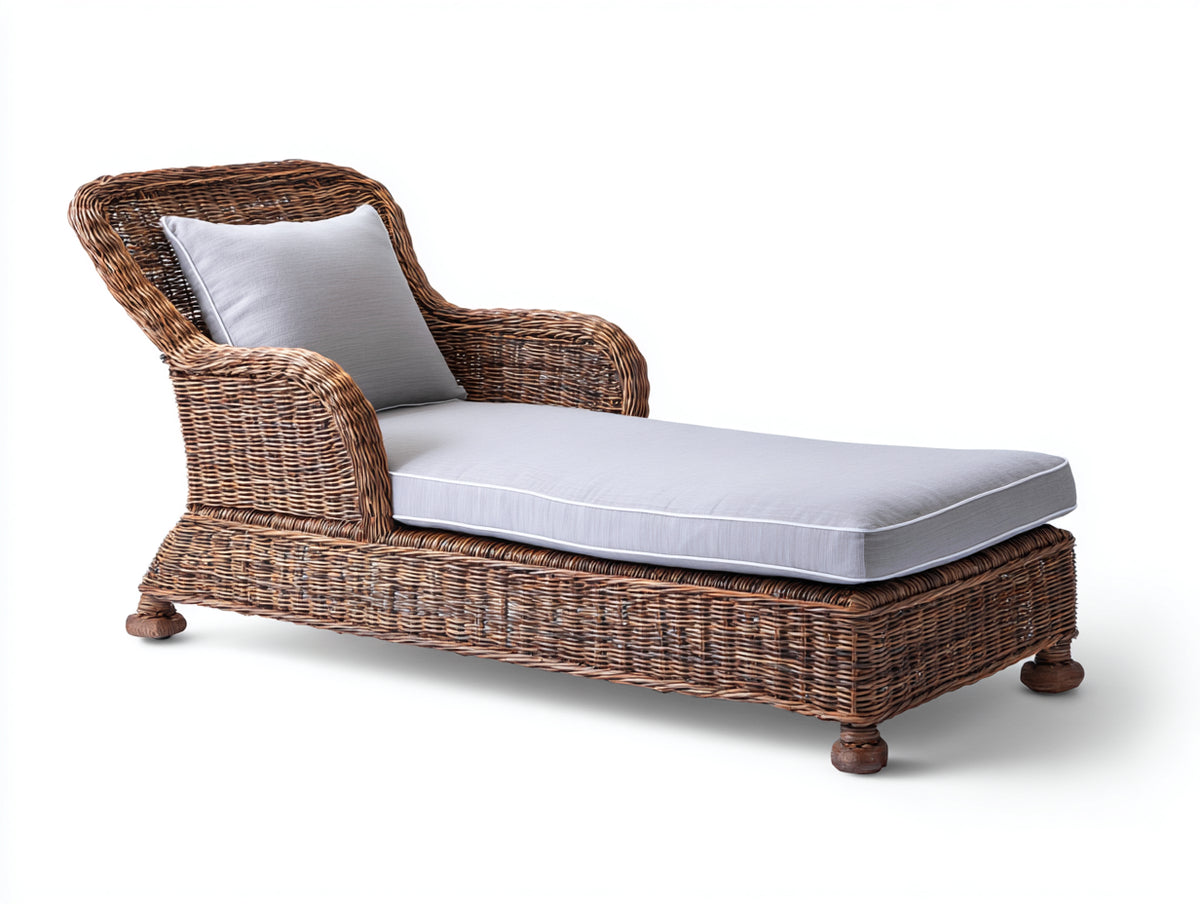Bain de soleil - Rotin tressé-Tissu - 181 x 79 x 100 cm - Brun foncé-Gris clair - Style classique