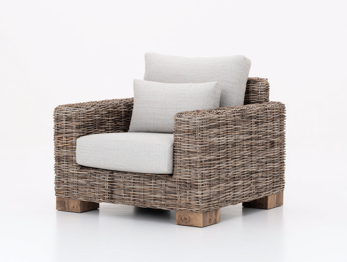 Fauteuil de jardin - rotin tressé-tissu - 94x90x86 cm - taupe grisé-écru - style contemporain robuste