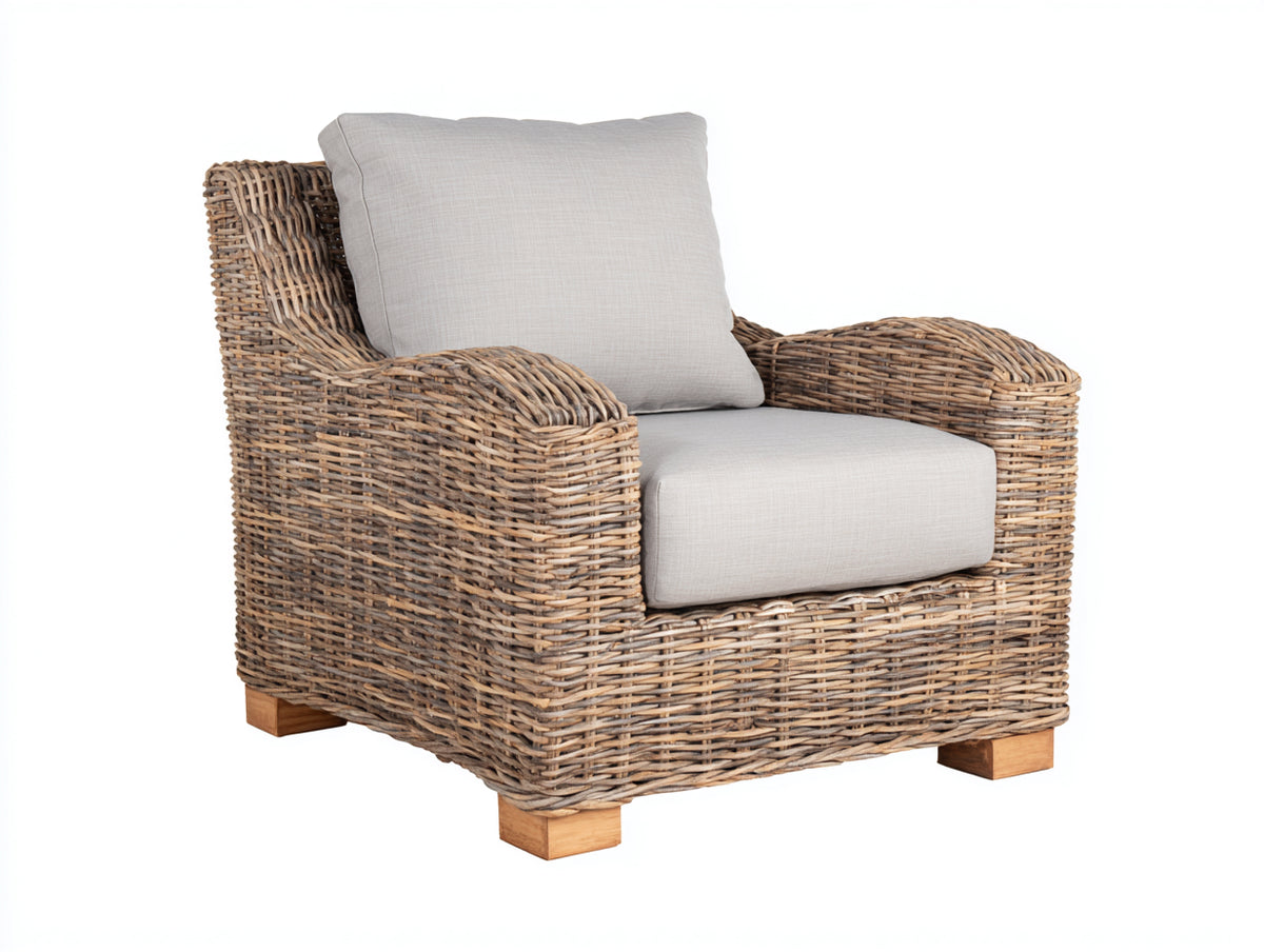 Fauteuil de jardin - rotin tressé-tissu - 90x88x84 cm - beige brun-gris perle - style artisanal naturel