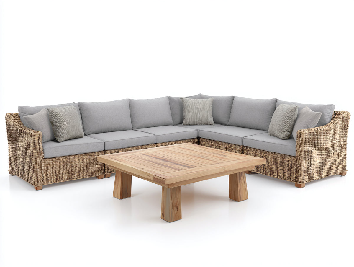 Canapé de jardin - Résine tressée-Tissu-Bois - 274 x 226 x 79 cm - Gris clair-Rotin naturel-Bois naturel - Style contemporain