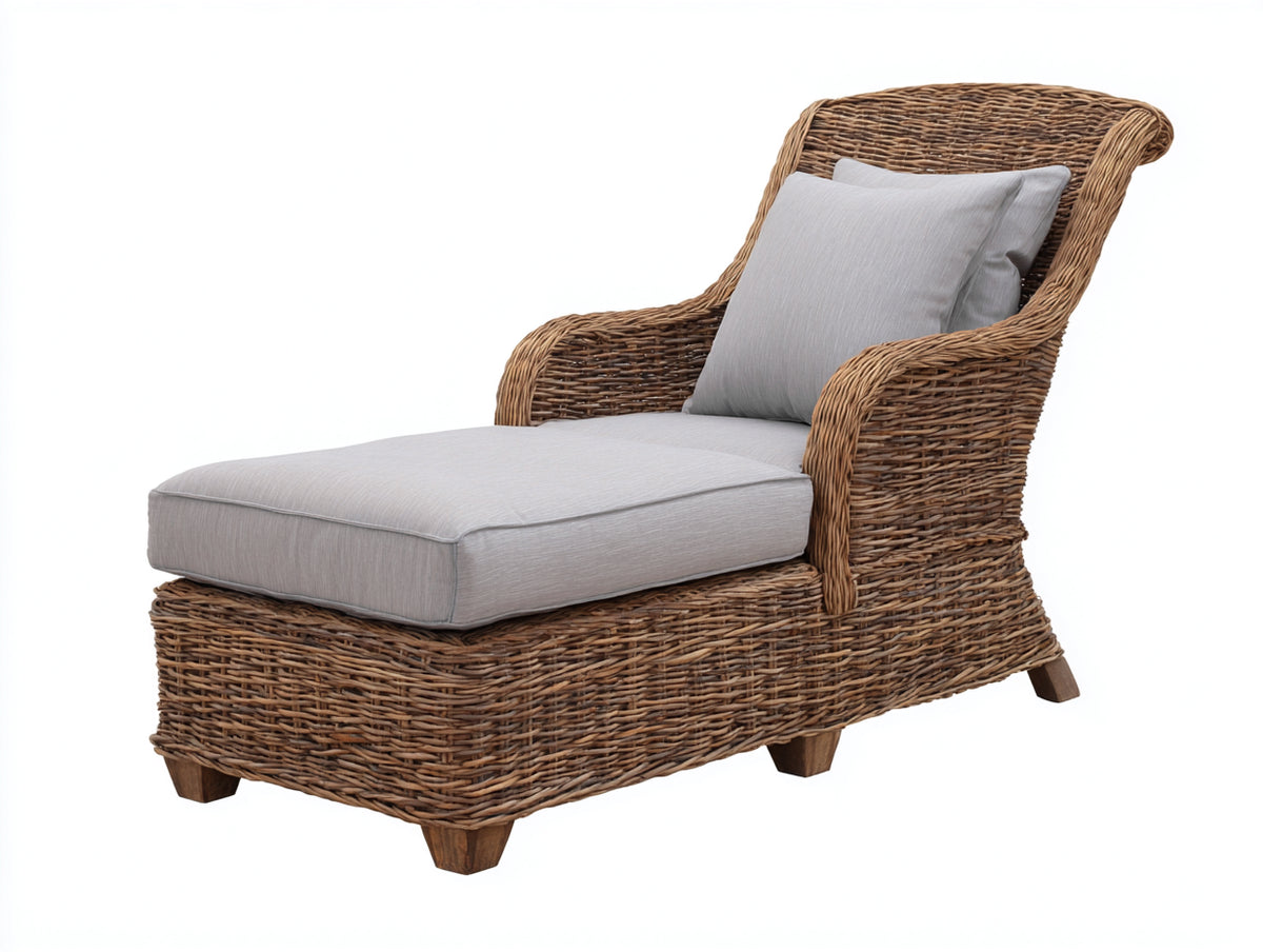 Bain de soleil - Rotin tressé-Tissu - 176 x 82 x 98 cm - Brun naturel-Gris clair - Style rustique