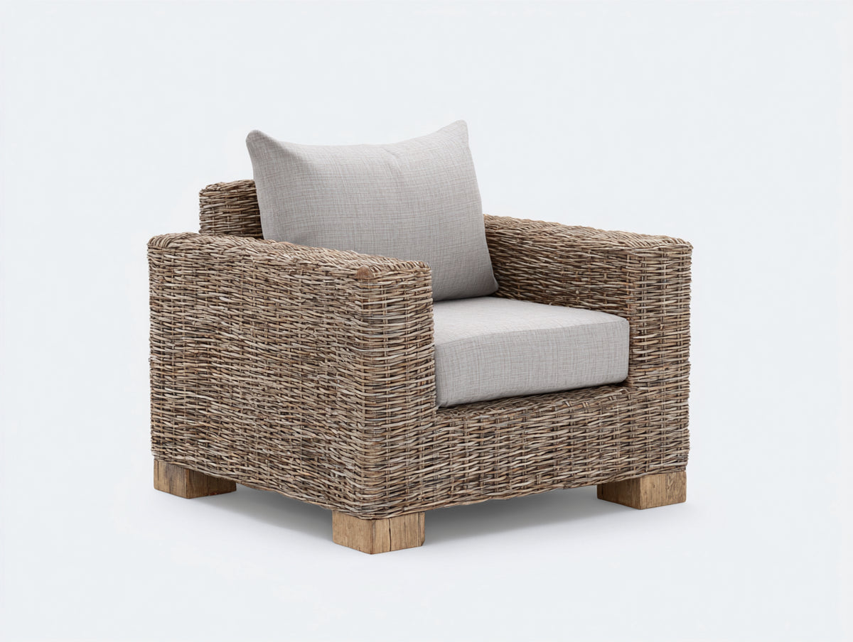 Fauteuil de jardin - rotin tressé-tissu - 90x84x80 cm - beige grisé-lin naturel - style contemporain naturel