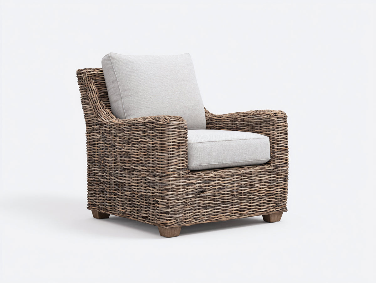 Fauteuil de jardin - rotin tressé-tissu - 87x85x80 cm - brun grisé-ivoire - style naturel épuré