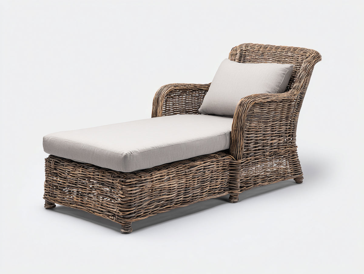 Bain de soleil - Rotin tressé-Tissu - 174 x 80 x 95 cm - Brun grisé-Beige - Style naturel