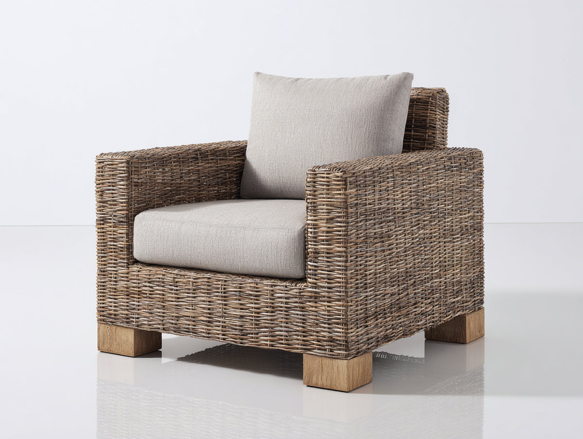 Fauteuil de jardin - rotin tressé-tissu - 91x86x81 cm - brun naturel-beige clair - style minimaliste chaleureux