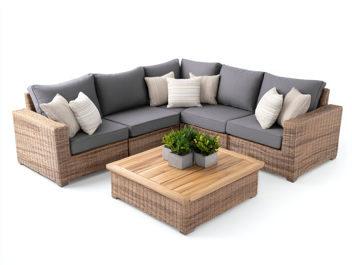 Canapé de jardin - Résine tressée-Tissu-Bois - 250 x 250 x 78 cm - Gris anthracite-Brun naturel-Bois naturel - Style contemporain