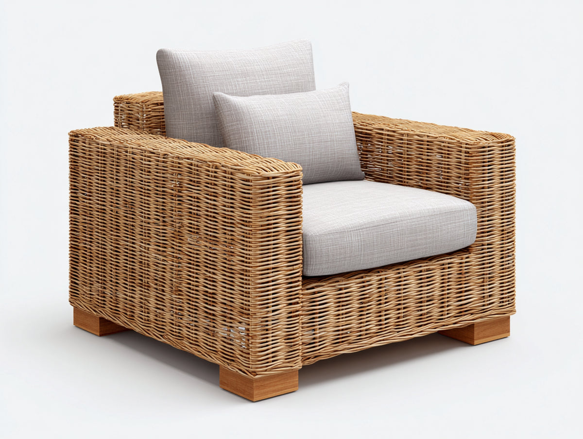 Fauteuil de jardin - Rotin-Tissu - 95 x 89 x 82 cm - Miel-Gris clair - Style contemporain