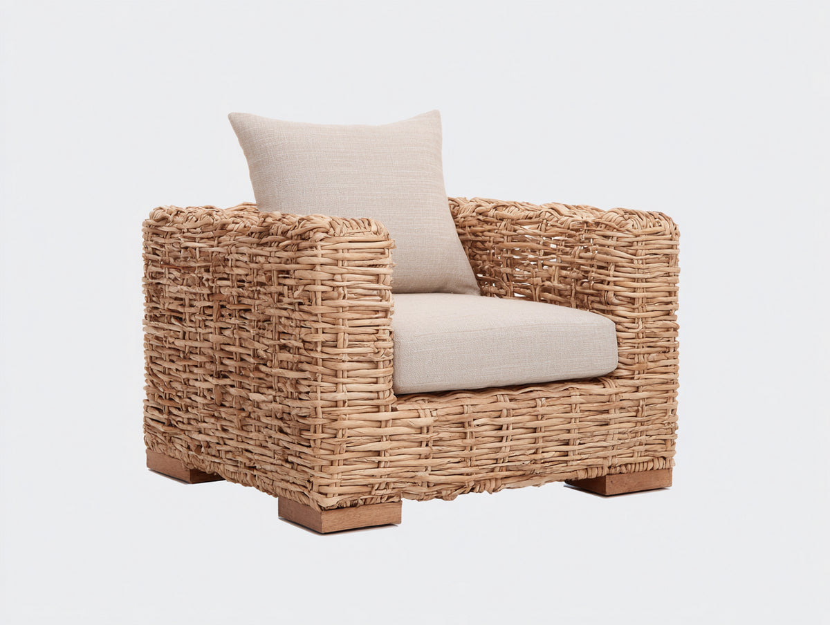 Fauteuil de jardin - Fibre végétale-Tissu - 93 x 87 x 79 cm - Naturel-Écru - Style rustique