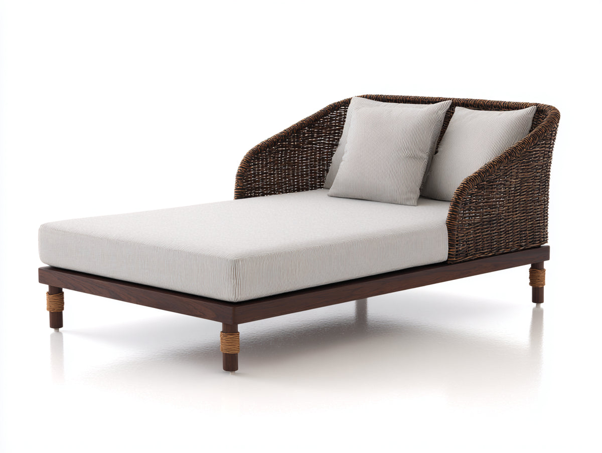 Bain de soleil - Rotin tressé-Tissu-Bois - 191 x 112 x 88 cm - Brun foncé-Beige-Brun - Style contemporain