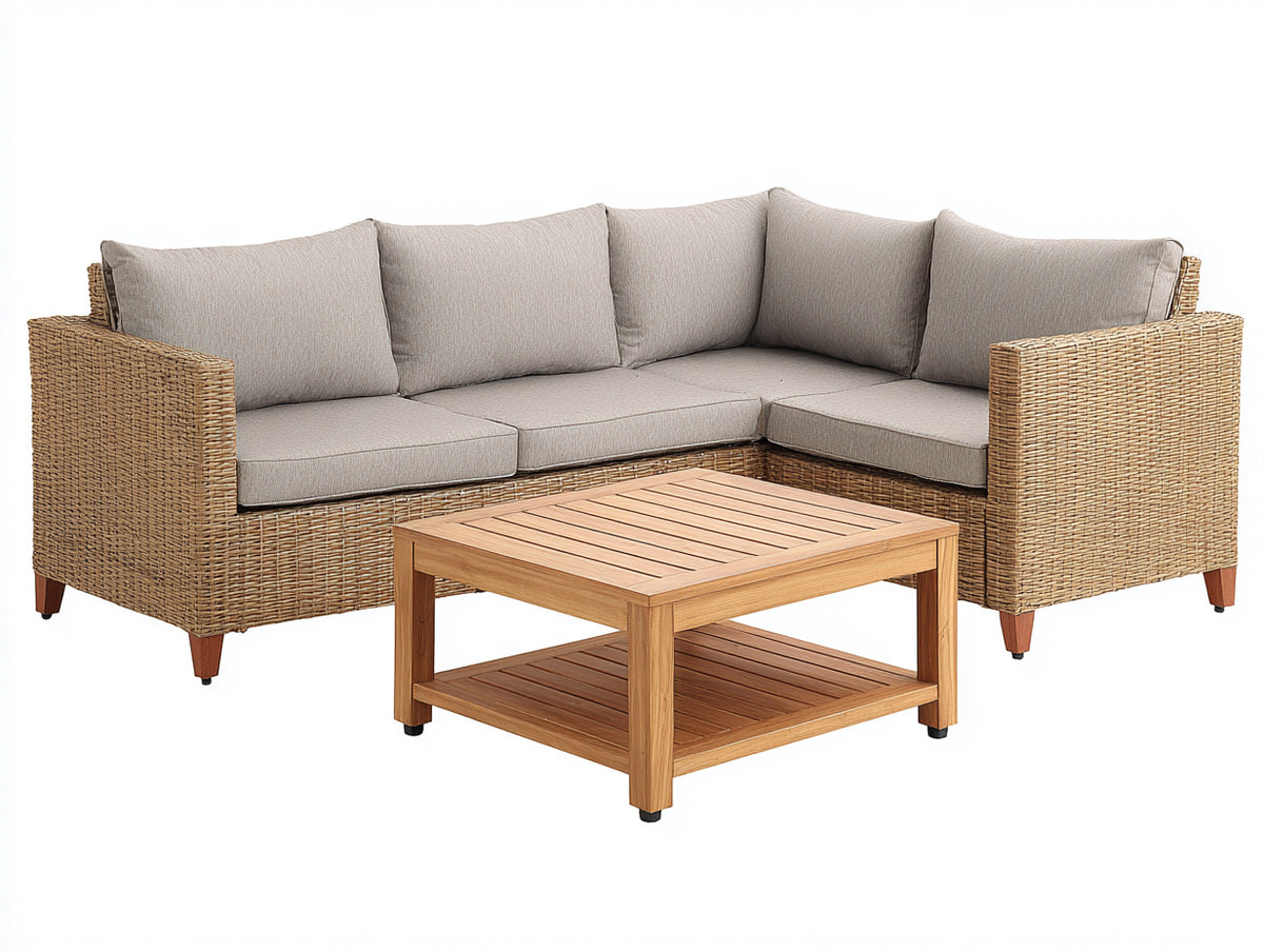 Canapé de jardin - Résine tressée-Tissu-Bois - 238 x 182 x 78 cm - Beige clair-Rotin naturel-Bois naturel - Style contemporain