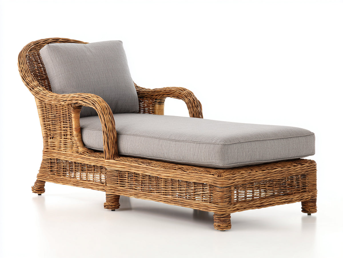 Bain de soleil - Rotin tressé-Tissu - 184 x 80 x 96 cm - Brun miel-Gris - Style naturel