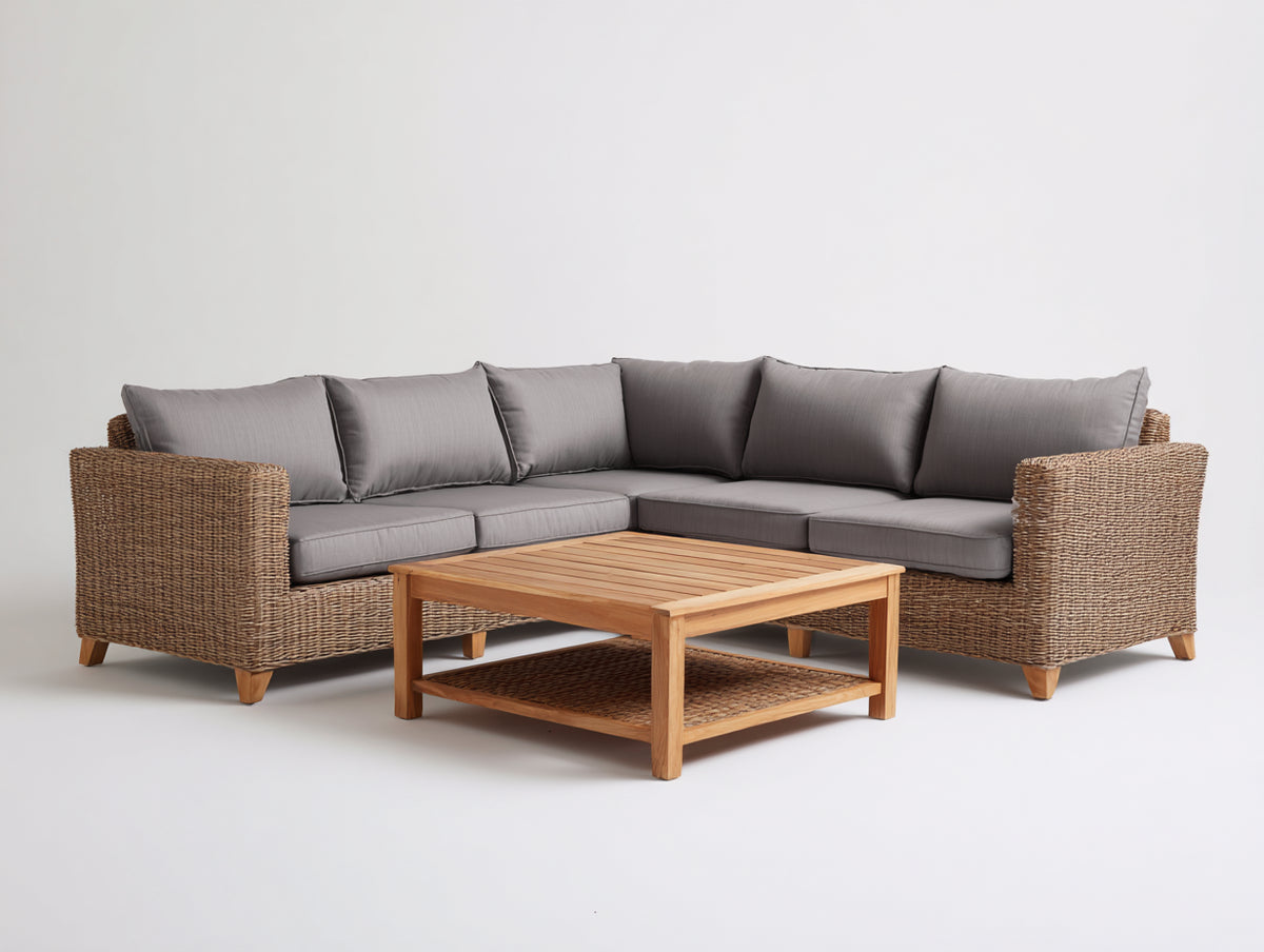 Canapé de jardin - Résine tressée-Tissu-Bois - 270 x 270 x 79 cm - Gris taupe-Brun naturel-Bois naturel - Style contemporain