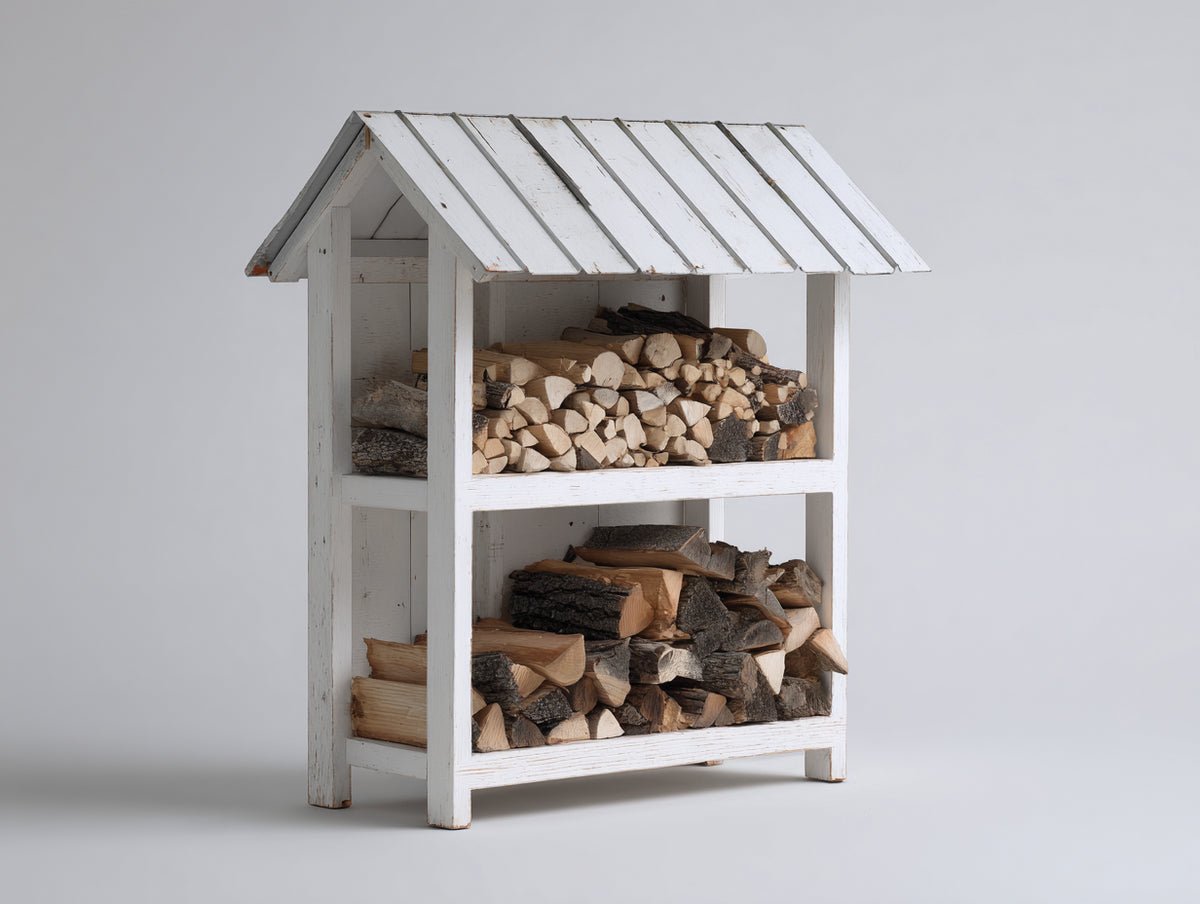 Abri à bûches - Bois - 108 x 59 x 168 cm - Blanc vieilli - Style rustique