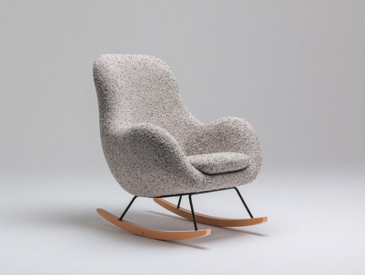 Fauteuil à bascule - tissu bouclette-métal-bois - 78x74x90 cm - gris chiné-noir-bois naturel - style nordique