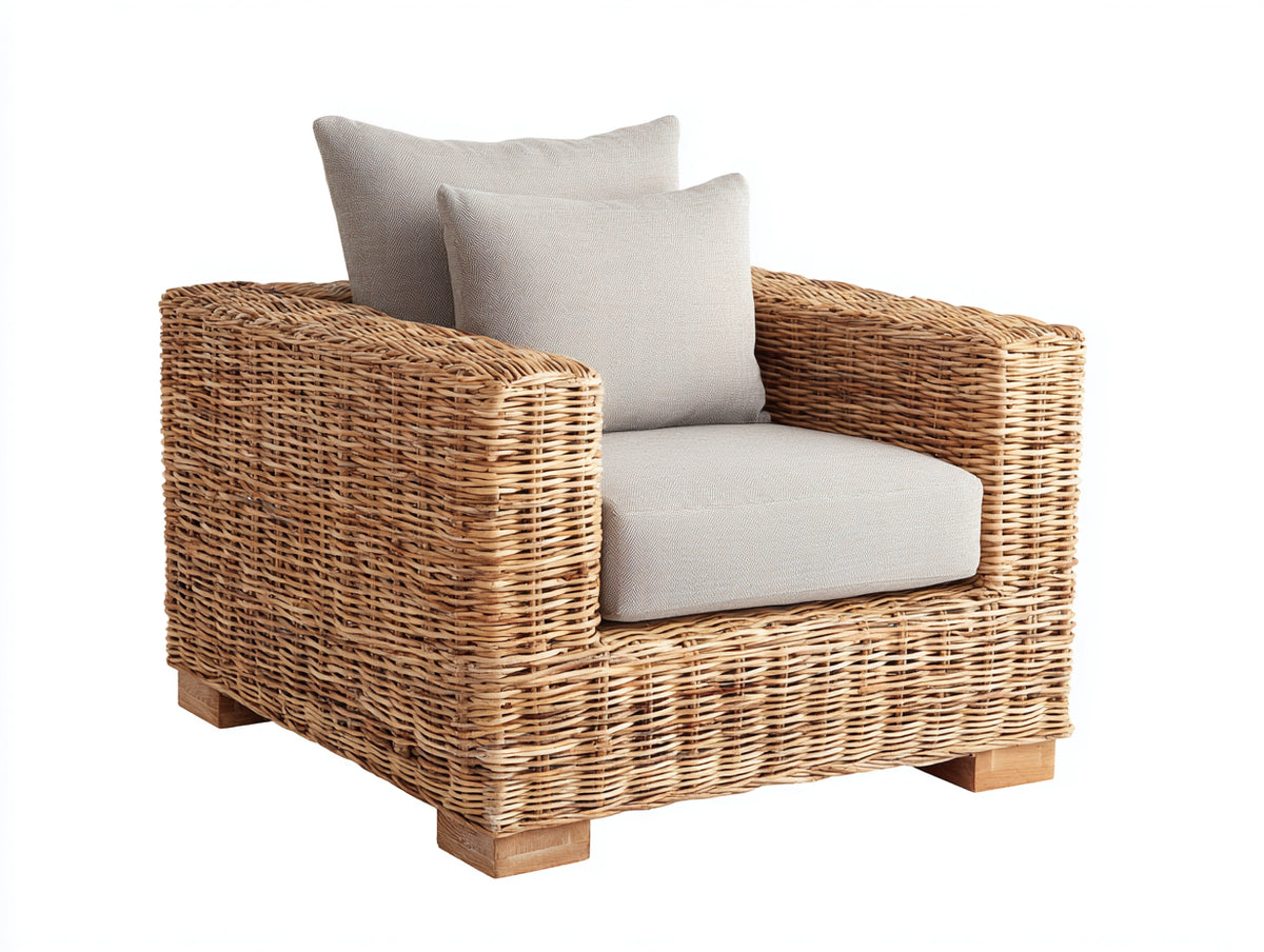 Fauteuil de jardin - Rotin-Tissu - 91 x 85 x 80 cm - Naturel-Beige clair - Style côtier