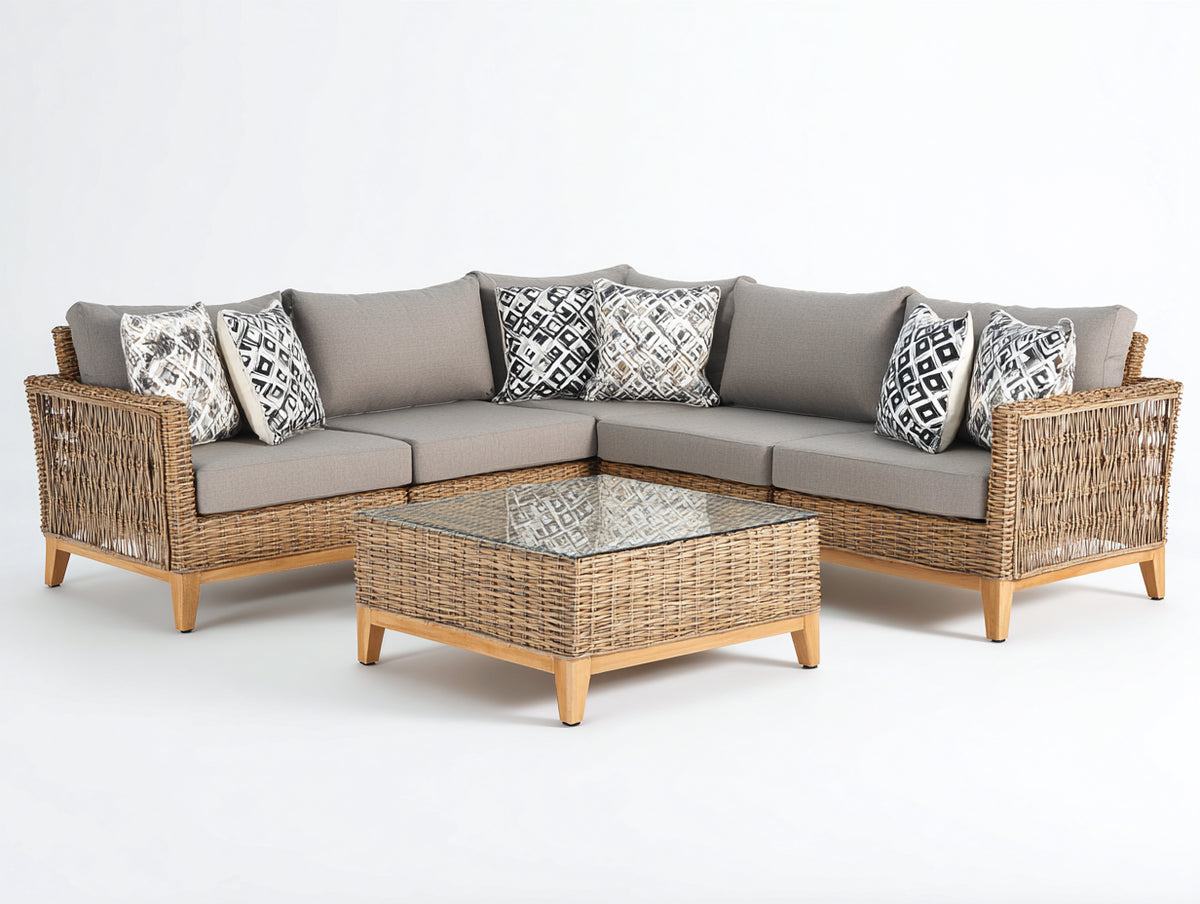 Canapé de jardin - Résine tressée-Tissu-Bois - 248 x 248 x 79 cm - Gris taupe-Rotin naturel-Bois naturel - Style contemporain